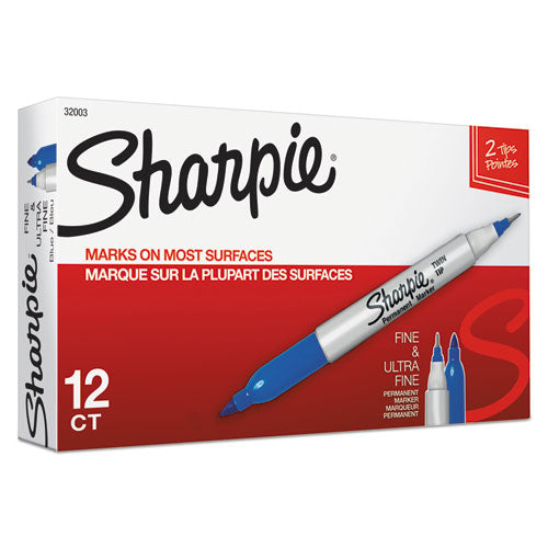 Image of Sharpie® 32003 Twin-Tip Permanent Marker, Extra-Fine/fine Bullet Tips, Blue, Dozen