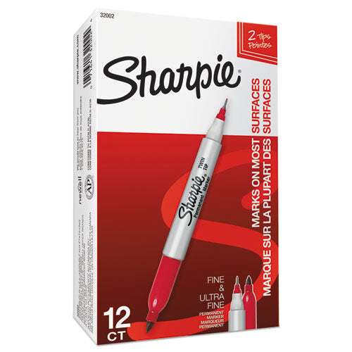Image of Sharpie® 32002 Twin-Tip Permanent Marker, Extra-Fine/fine Bullet Tips, Red, Dozen