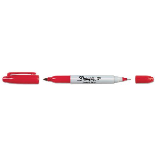 Image of Sharpie® 32002 Twin-Tip Permanent Marker, Extra-Fine/fine Bullet Tips, Red, Dozen