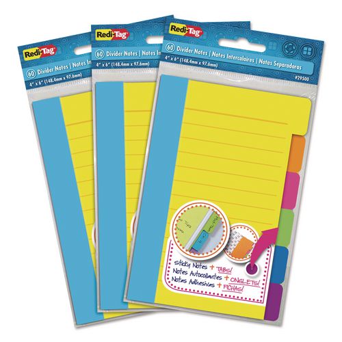 Image of Redi-Tag® B10245 Divider Sticky Notes, 6-Tab Sets, Note Ruled, 4" x 6", Assorted Colors, 60 Sheets/Set, 3 Sets/Pack
