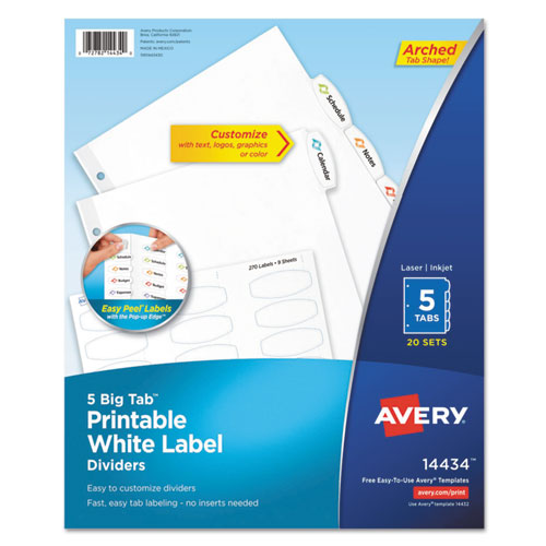Image of Avery® 14434 Big Tab Printable White Label Tab Dividers, 5-Tab, 11 x 8.5, White, 20 Sets