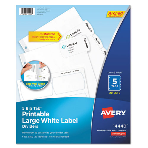 Image of Avery® 14440 Big Tab Printable Large White Label Tab Dividers, 5-Tab, 11 x 8.5, White, 20 Sets