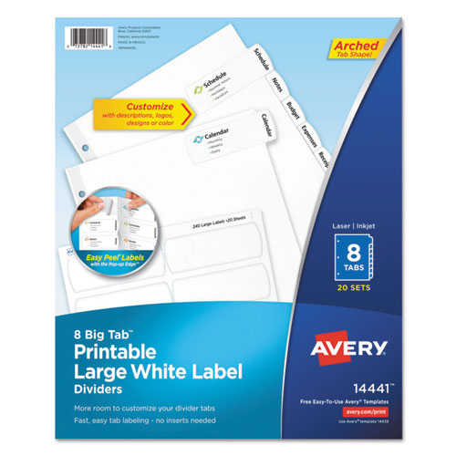 Image of Avery® 14441 Big Tab Printable Large White Label Tab Dividers, 8-Tab, 11 x 8.5, White, 20 Sets