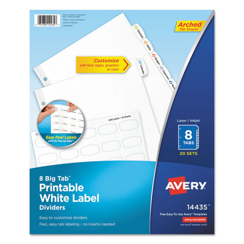 Image of Avery® 14435 Big Tab Printable White Label Tab Dividers, 8-Tab, 11 x 8.5, White, 20 Sets
