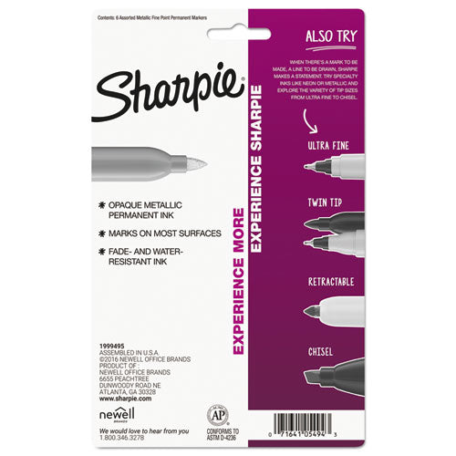 Image of Sharpie® 1829201 Metallic Fine Point Permanent Markers, Fine Bullet Tip, Gold-Silver-Bronze, 6/pack