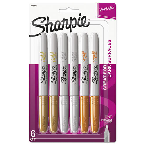 Image of Sharpie® 1829201 Metallic Fine Point Permanent Markers, Fine Bullet Tip, Gold-Silver-Bronze, 6/pack
