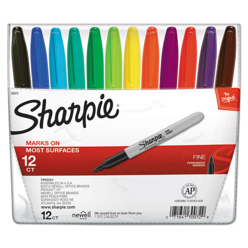 Image of Sharpie® 30072 Fine Tip Permanent Marker, Fine Bullet Tip, Assorted Colors, 12/set