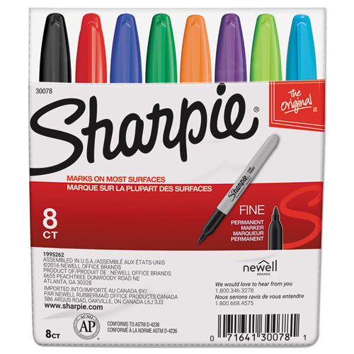 Image of Sharpie® 30078 Fine Tip Permanent Marker, Fine Bullet Tip, Assorted Colors, 8/set