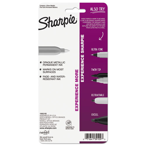 Image of Sharpie® 39109PP Metallic Fine Point Permanent Markers, Fine Bullet Tip, Metallic Silver, 4/pack