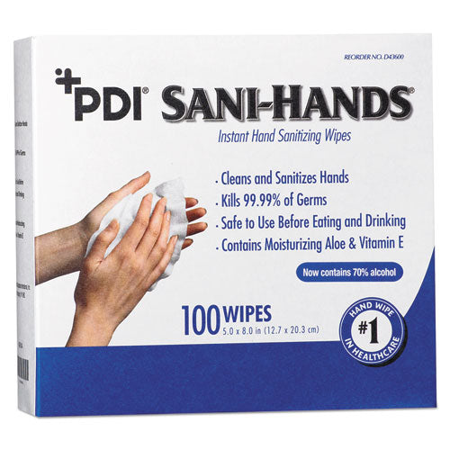 Image of Sani ProfessionalÂ® PDI Sani-Hands Instant Hand Sanitizing Wipes, 1-Ply, 8 x 5, White, 1,000/Carton