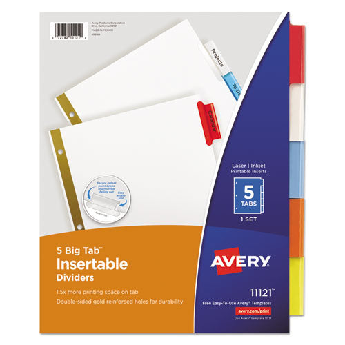 Image of Avery® 11121 Insertable Big Tab Dividers, 5-Tab, Double-Sided Gold Edge Reinforcing, 11 x 8.5, White, Assorted Tabs, 1 Set