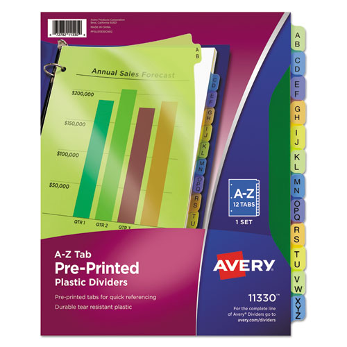 Image of Avery® 11330 Durable Preprinted Plastic Tab Dividers, 12-Tab, A To Z, 11 X 8.5, Assorted, 1 Set