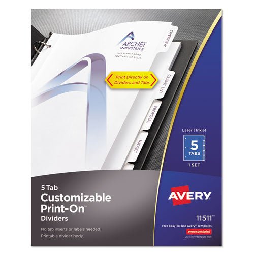 Image of Avery® 11511 Customizable Print-On Dividers, 3-Hole Punched, 5-Tab, 11 x 8.5, White, 1 Set