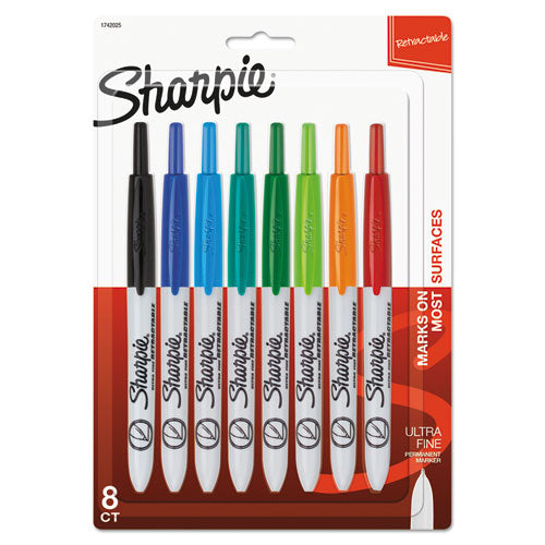 Image of Sharpie® 1742025 Retractable Permanent Marker, Extra-Fine Needle Tip, Assorted Colors, 8/set