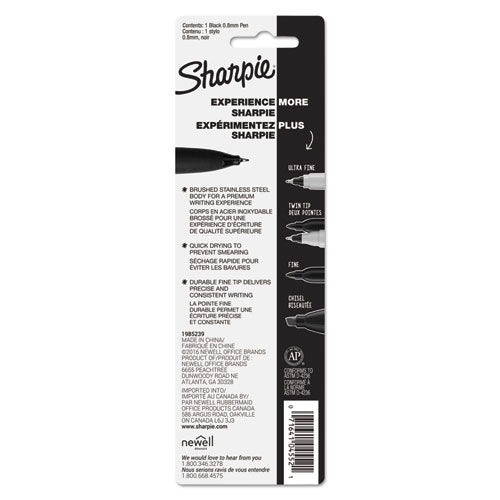 Image of Sharpie® 1800702 Stainless Steel Porous Point Pen, Stick, Fine 0.5 mm, Black Ink, Brushed Silver Barrel