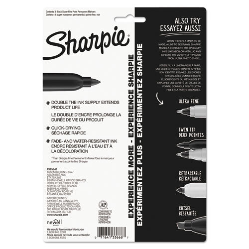 Image of Sharpie® 33666PP Super Permanent Marker, Fine Bullet Tip, Black, 6/pack