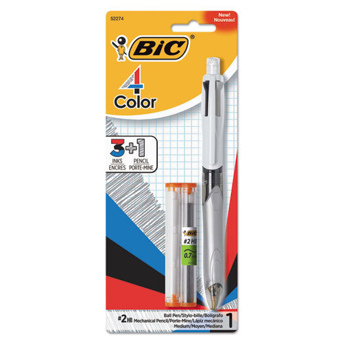 Image of BIC® MMLP1-AST 4-Color 3 + 1 Ballpoint Pen/Pencil, Retractable, Medium 1 mm Pen/0.7 mm Pencil, Black/Blue/Red Ink, Gray/White Barrel
