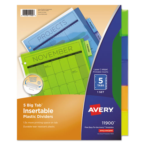 Image of Avery® 11900 Insertable Big Tab Plastic Dividers, 5-Tab, 11 X 8.5, Assorted, 1 Set