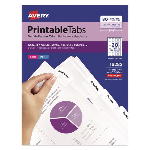 Image of Avery® 16282 Printable Plastic Tabs with Repositionable Adhesive, 1/5-Cut, White, 1.75" Wide, 80/Pack