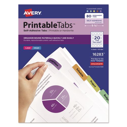 Image of Avery® 16283 Printable Plastic Tabs with Repositionable Adhesive, 1/5-Cut, Assorted Colors, 1.75" Wide, 80/Pack