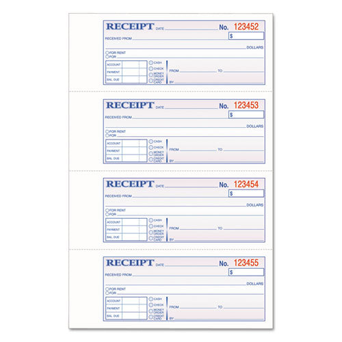 Image of Adams® TCH1185 Multipart Money/Rent Receipt Book, Casebound (Hard Cover), Three-Part Carbonless, 7 x 2.75, 4 Forms/Sheet, 200 Forms Total