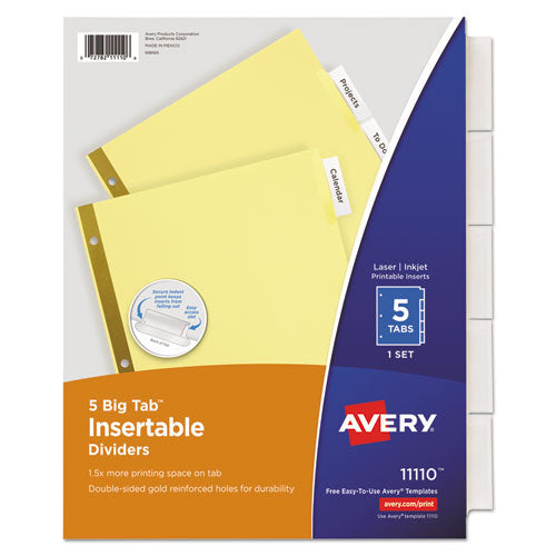 Image of Avery® 11110 Insertable Big Tab Dividers, 5-Tab, Double-Sided Gold Edge Reinforcing, 11 x 8.5, Buff, Clear Tabs, 1 Set