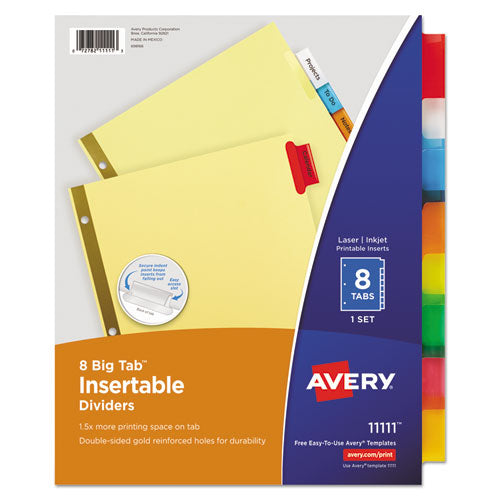 Image of Avery® 11111 Insertable Big Tab Dividers, 8-Tab, Double-Sided Gold Edge Reinforcing, 11" x 8.5", Buff, Assorted Tabs, 1 Set