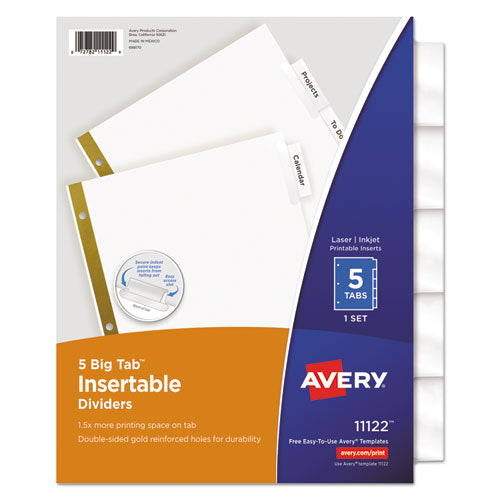 Image of Avery® 11122 Insertable Big Tab Dividers, 5-Tab, Double-Sided Gold Edge Reinforcing, 11 x 8.5, White, Clear Tabs, 1 Set