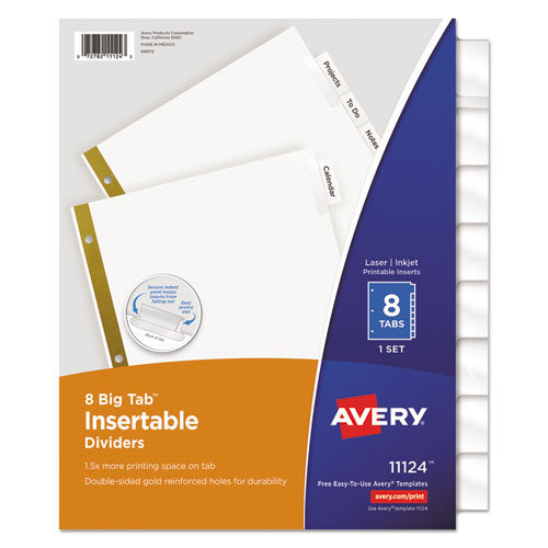 Image of Avery® 11124 Insertable Big Tab Dividers, 8-Tab, Double-Sided Gold Edge Reinforcing, 11 x 8.5, White, Clear Tabs, 1 Set