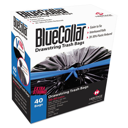 Image of BlueCollar N6034YK RC1 Drawstring Trash Bags, Drawstring, 30 gal, 1 mil, 30" x 34", Black, 20 Bags/Roll, 2 Rolls/Box