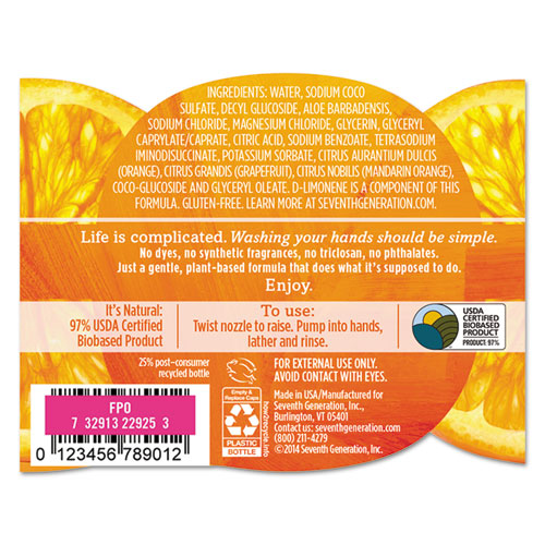 Image of Seventh Generation® SEV 22925CT Natural Hand Wash, Mandarin Orange and Grapefruit Scent, 12 oz, 8/Carton