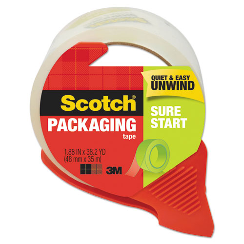 Image of Scotch® 3450S-RD-36GC Sure Start Packaging Tape With Dispenser, 3" Core, 1.88" X 38.2 Yds, Clear