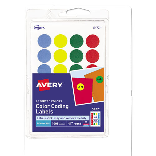Image of Avery® 05472 Printable Self-Adhesive Removable Color-Coding Labels, 0.75" dia, Assorted Colors, 24/Sheet, 42 Sheets/Pack, (5472)