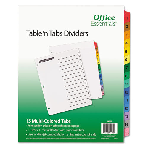 Image of Office Essentials 11675 Table 'n Tabs Dividers, 15-Tab, 1 to 15, 11 x 8.5, White, Assorted Tabs, 1 Set