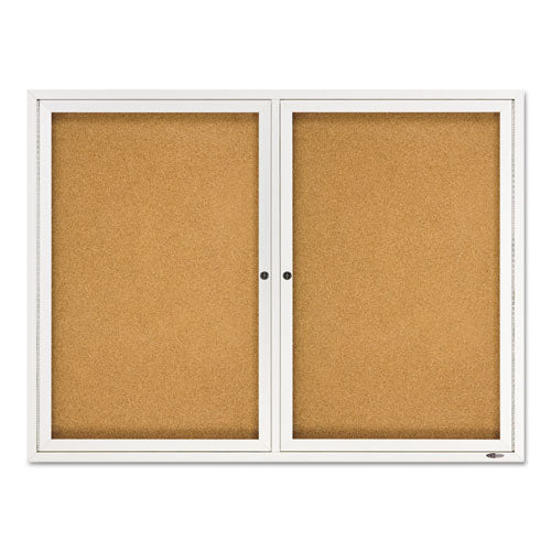 Image of Quartet® 2364 Enclosed Indoor Cork Bulletin Board with Two Hinged Doors, 48" x 36", Tan Surface, Satin Aluminum Frame