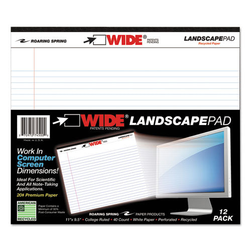 Image of Roaring Spring® 74500 WIDE Landscape Format Writing Pad, Medium/College Rule, (40) White 11 x 8.5 Sheets