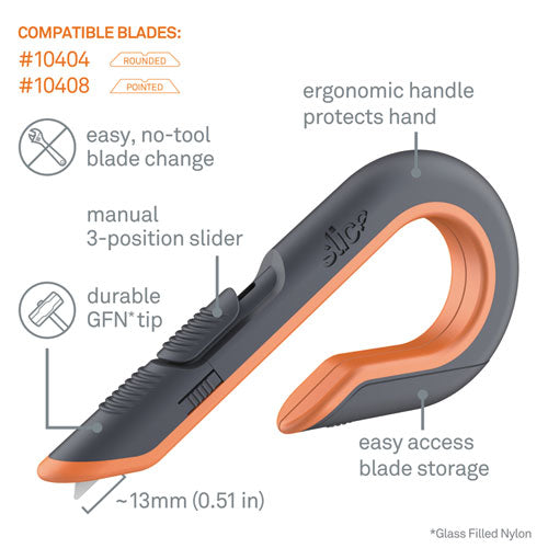 Image of slice® 10400 Box Cutters, Double Sided, Replaceable, 1.29" Carbon Steel Blade, 7" Nylon Handle, Gray/Orange