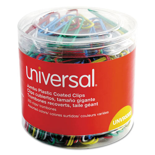 Image of Universal® UNV95000 Plastic-Coated Paper Clips with One-Compartment Dispenser Tub, Jumbo, Assorted Colors, 250/Pack