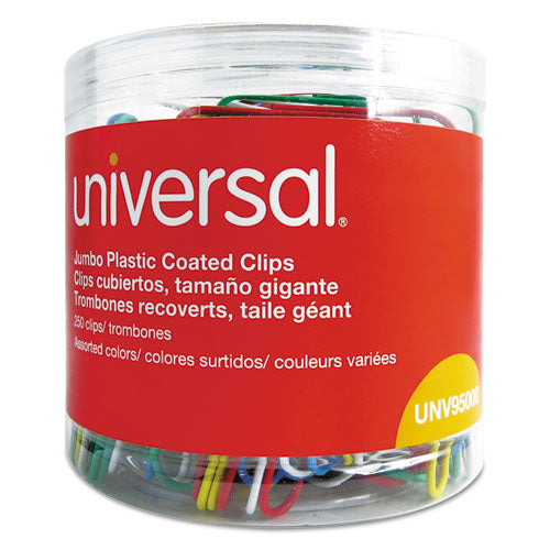 Image of Universal® UNV95000 Plastic-Coated Paper Clips with One-Compartment Dispenser Tub, Jumbo, Assorted Colors, 250/Pack