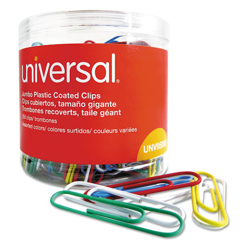 Image of Universal® UNV95000 Plastic-Coated Paper Clips with One-Compartment Dispenser Tub, Jumbo, Assorted Colors, 250/Pack