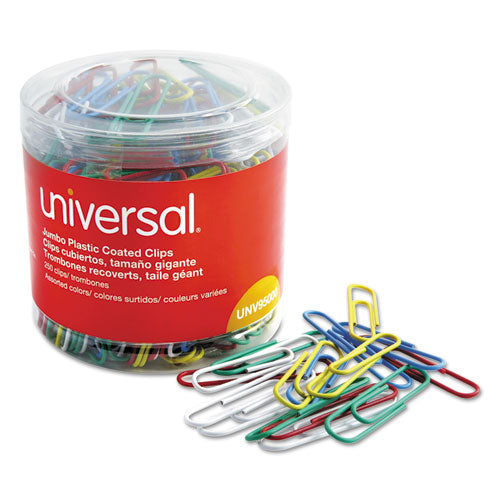 Image of Universal® UNV95000 Plastic-Coated Paper Clips with One-Compartment Dispenser Tub, Jumbo, Assorted Colors, 250/Pack