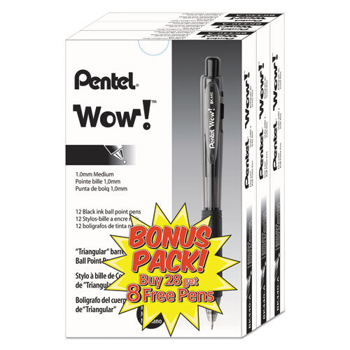 Image of Pentel® BK440ASW-USS WOW! Ballpoint Pen Value Pack, Retractable, Medium 1 mm, Black Ink, Smoke/Black Barrel, 36/Pack