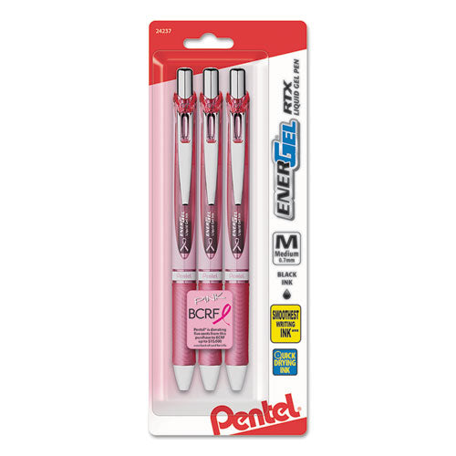 Image of Pentel® BL77PBP3A-BC EnerGel RTX Breast Cancer Awareness Gel Pen, Retractable, Medium 0.7 mm, Black Ink, Pink/Silver Barrel, 3/Pack