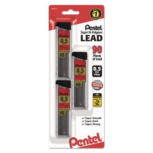 Image of Pentel® C25BPHB3-K6 Super Hi-Polymer Lead Refills, 0.5 Mm, Hb, Black, 30/tube, 3 Tubes/pack