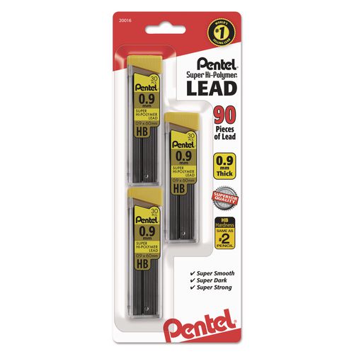 Image of Pentel® C29BPHB3 Super Hi-Polymer Lead Refills, 0.9 Mm, Hb, Black, 30/tube, 3 Tubes/pack