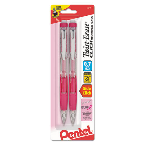 Image of Pentel® PD277TBP2P-BC Twist-Erase CLICK Mechanical Pencil, Breast Cancer Awareness, 0.7 mm, HB (#2), Black Lead, Pink Barrel, 2/Pack
