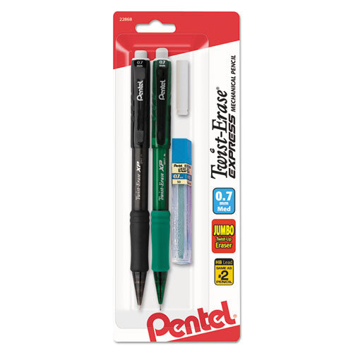 Image of Pentel® QE417LEBP2 Twist-Erase EXPRESS Mechanical Pencils with Tube of Lead/Eraser, 0.7 mm, HB (#2), Black Lead, Assorted Barrel Colors, 2/Pack