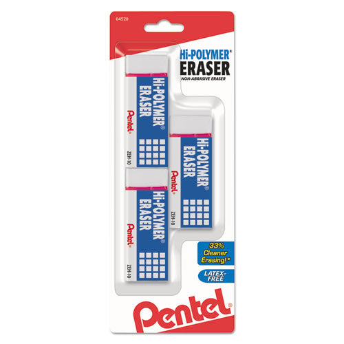Image of Pentel® ZEH10BP3-K6 Hi-Polymer Eraser, For Pencil Marks, Rectangular Block, Medium, White, 3/pack