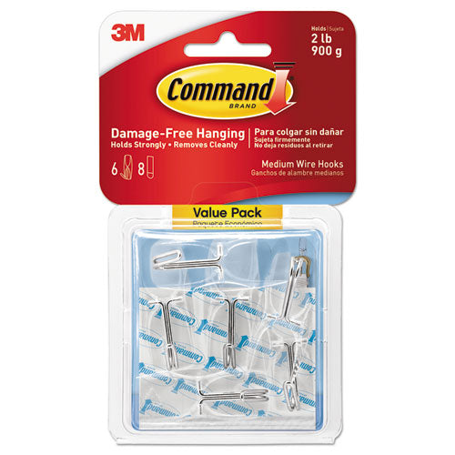 Image of Command 17065CLR-6ES Medium Clear Wire Hooks, Metal Wire, Silver/Clear, Supports 2 lb, 6/Pack