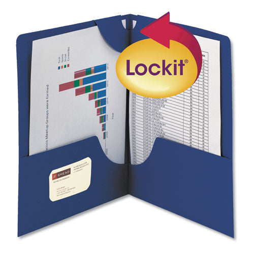 Image of Smead 87982 Lockit Two-Pocket Folders in Textured Stock, Accommodates (100) 11 x 8.5 Sheets, Dark Blue, 25/Box
